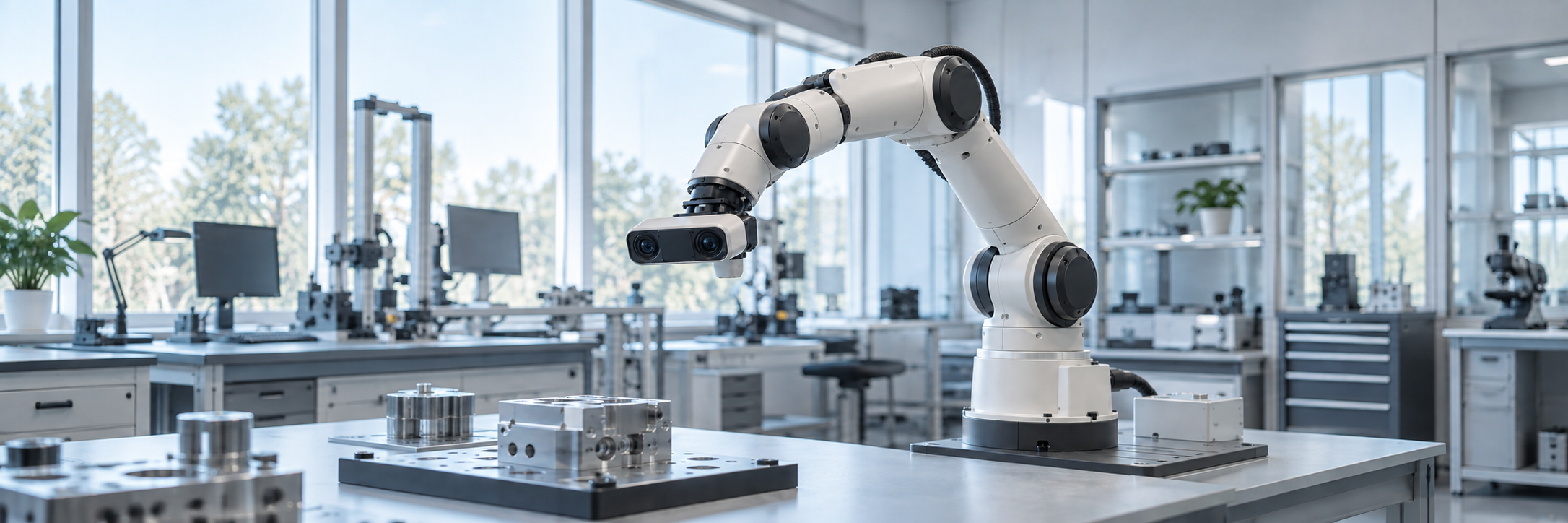 Robotic arm with a stereo vision sensor in a research laboratory